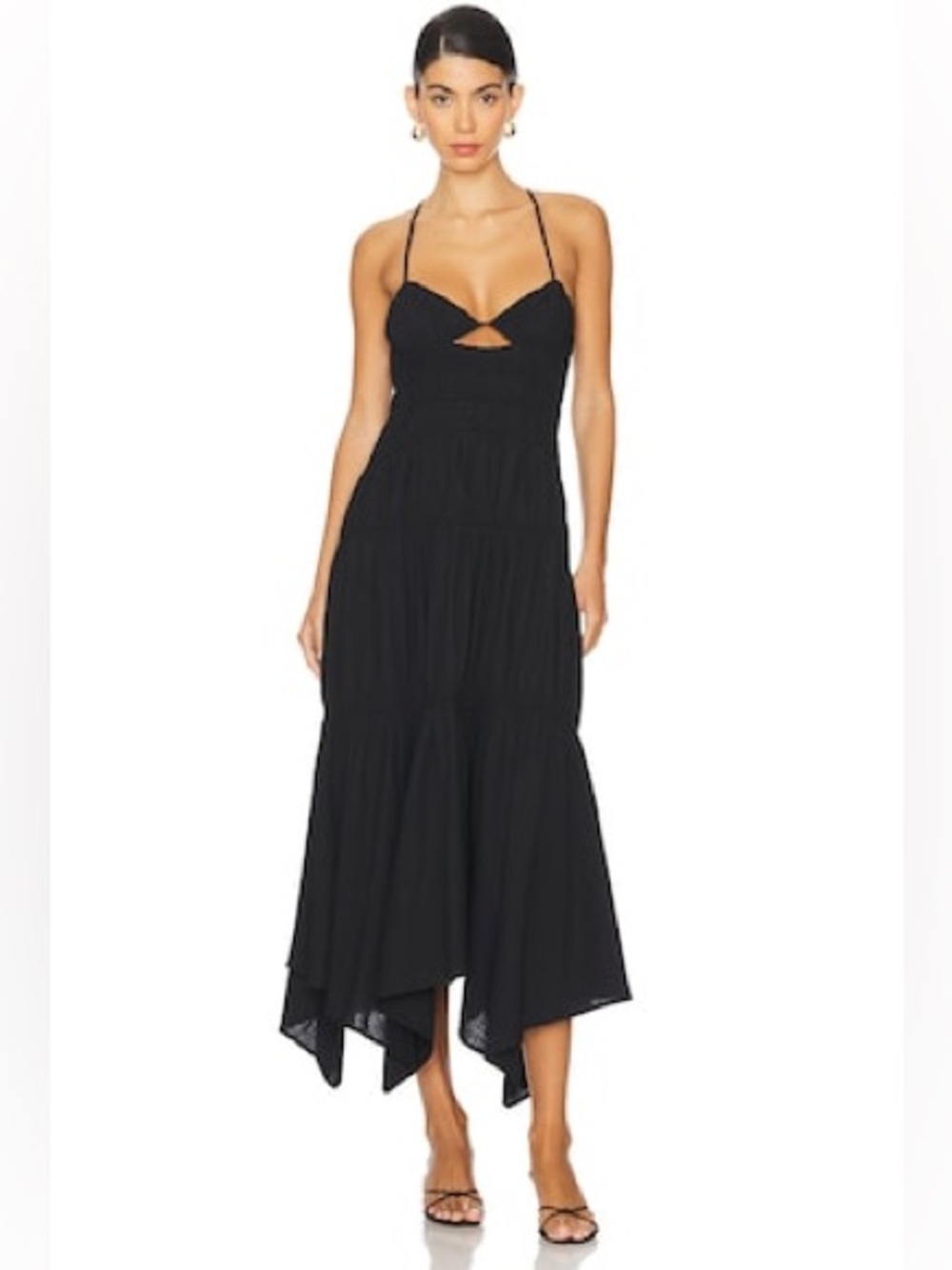 Black Spaghetti-Strap Midi Dress with Handkerchief Hem